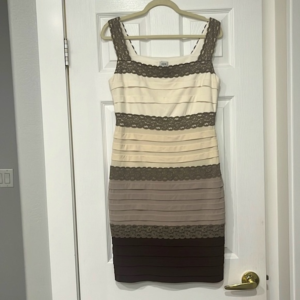 CACHE | Beautiful Neutral Layered Lace Dress. EUC. Size 12